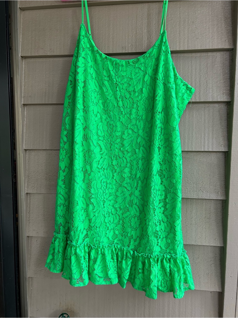 Scoop Neon' Green Lace Ruffle Hem Slip mini Dress or tunic.